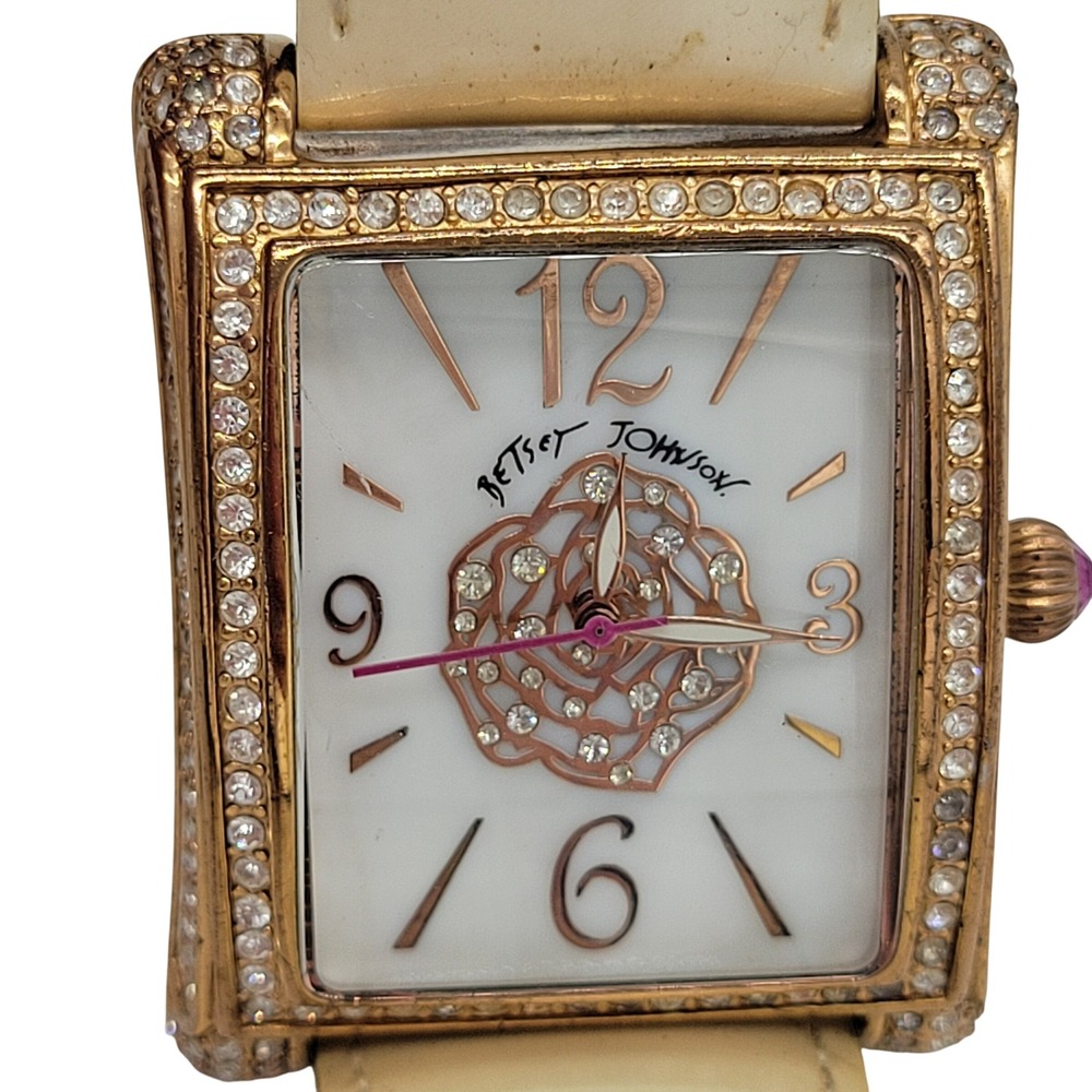Betsey Johnson BJ00018-03 Rose Gold Tone Crystal Rectangular Watch Cream Leather
